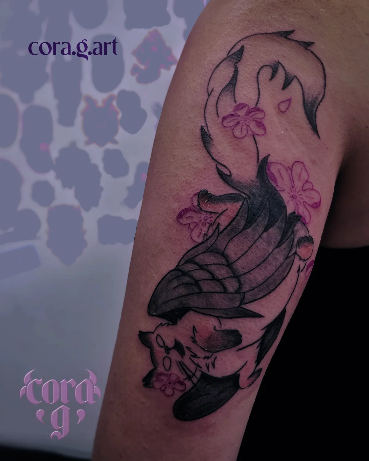 Blackwork bird and flowers tattoo by Cora G at Garavatto