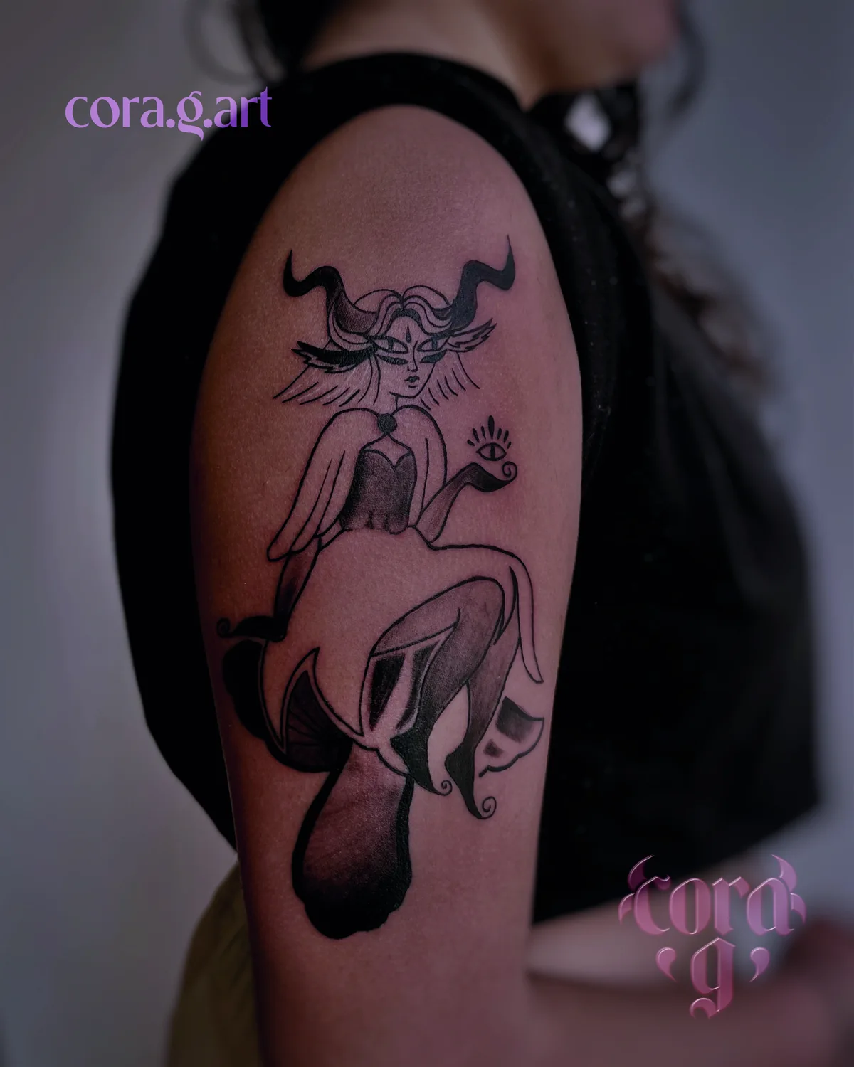 Blackwork goat and skull tattoo by Cora G at Garavatto