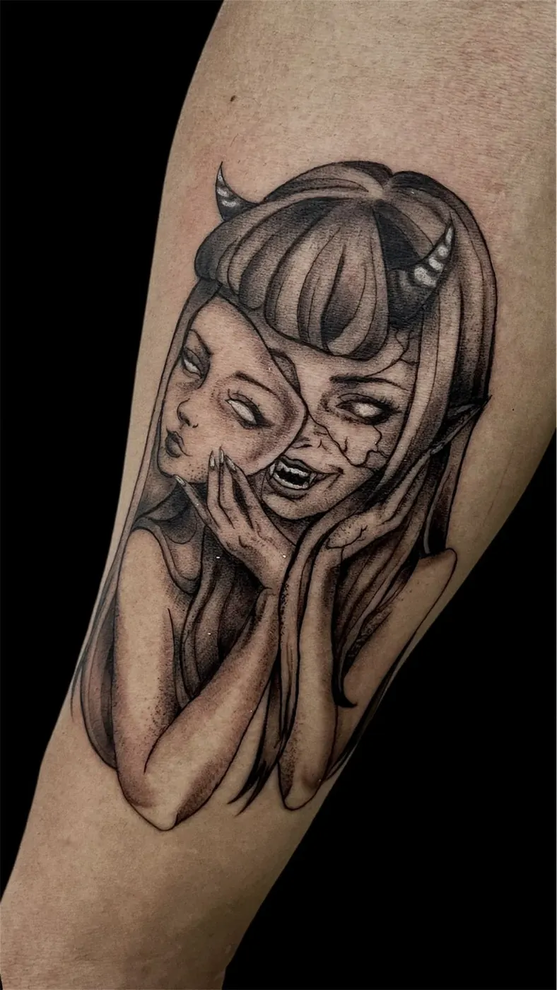 Tatuaje blackwork neotribal de personaje realizado por Ledha