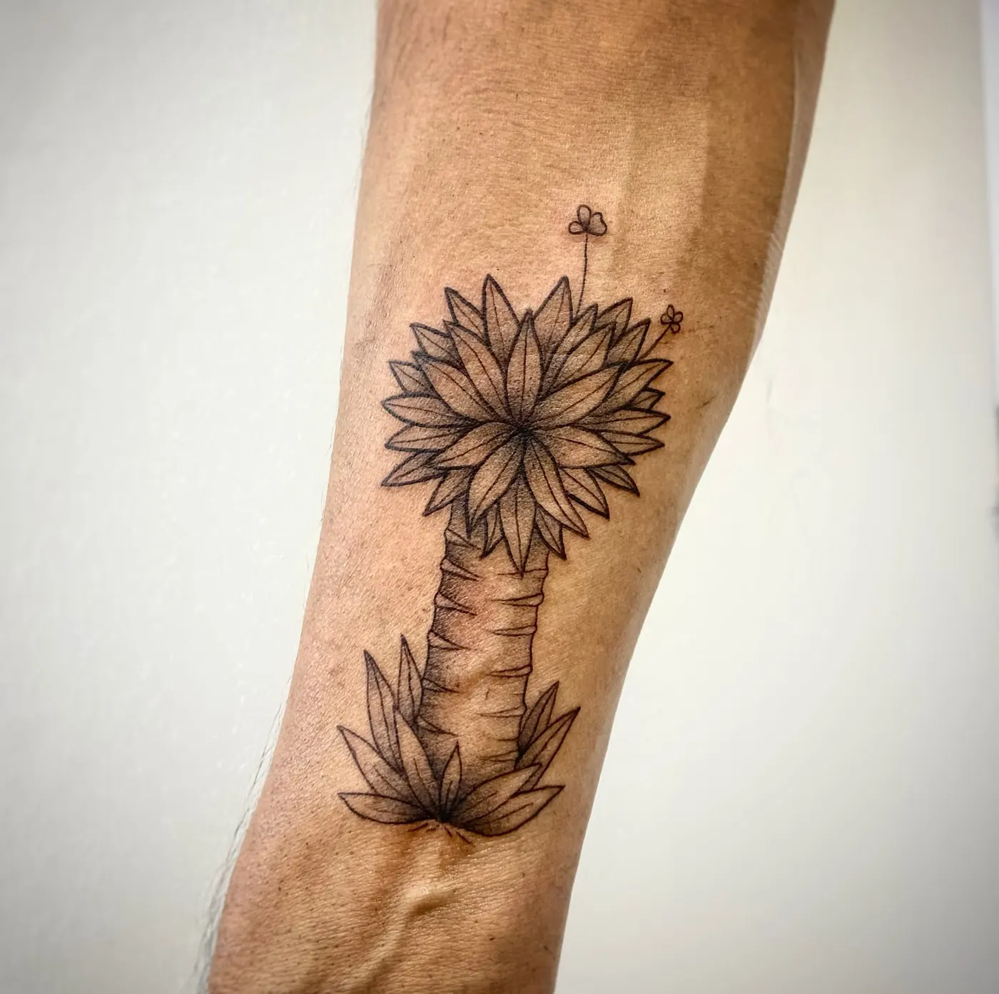 Tatuaje botanico blackwork de flor en brazo realizado por Sowii